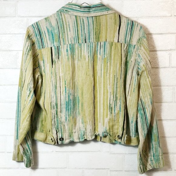 Chico's Linen Blend Green Blue & Cream Striped Button Crop Jacket Women's Size 1 - Picture 3 of 3